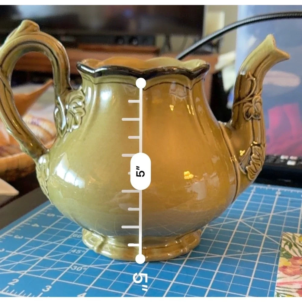 Green Ceramic Teapot Olive Green Embossed Leaf Victorian